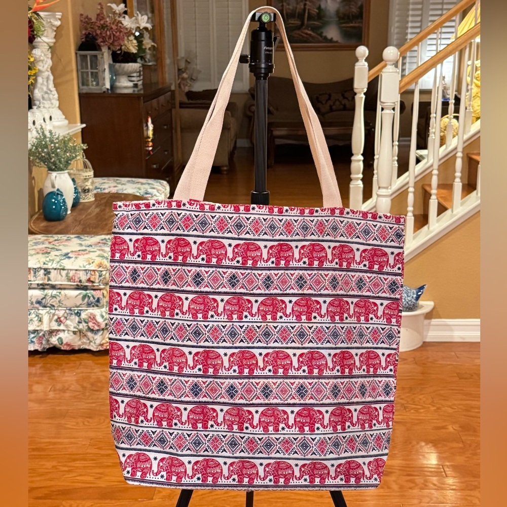 Elephant Print Tote Bag - Red and White
